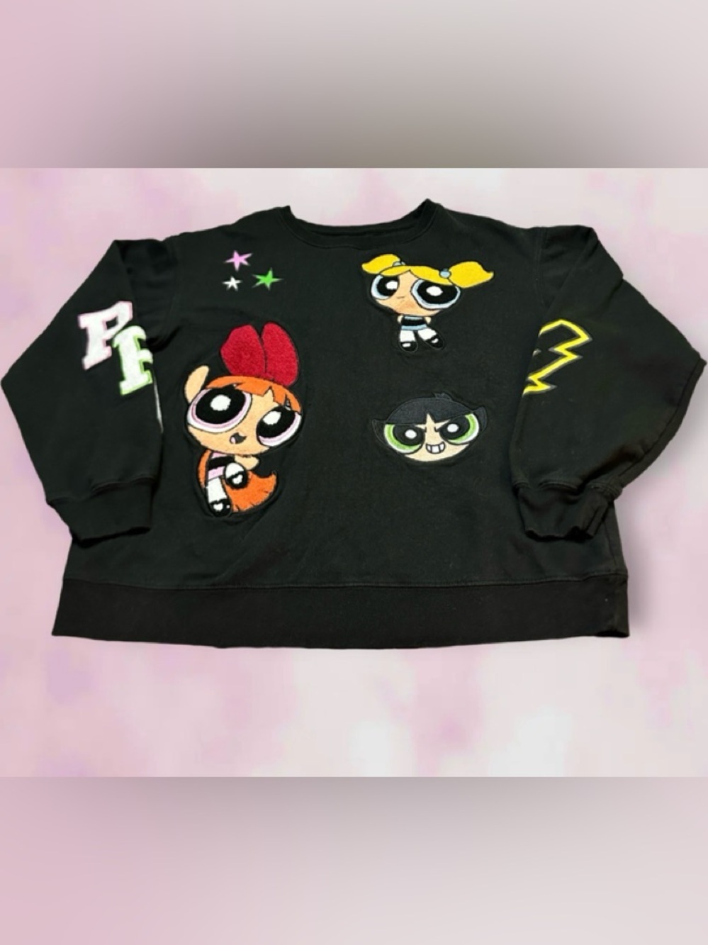 Powerpuff Black Embroidery Characters Crewneck Sweatshirt 15-17